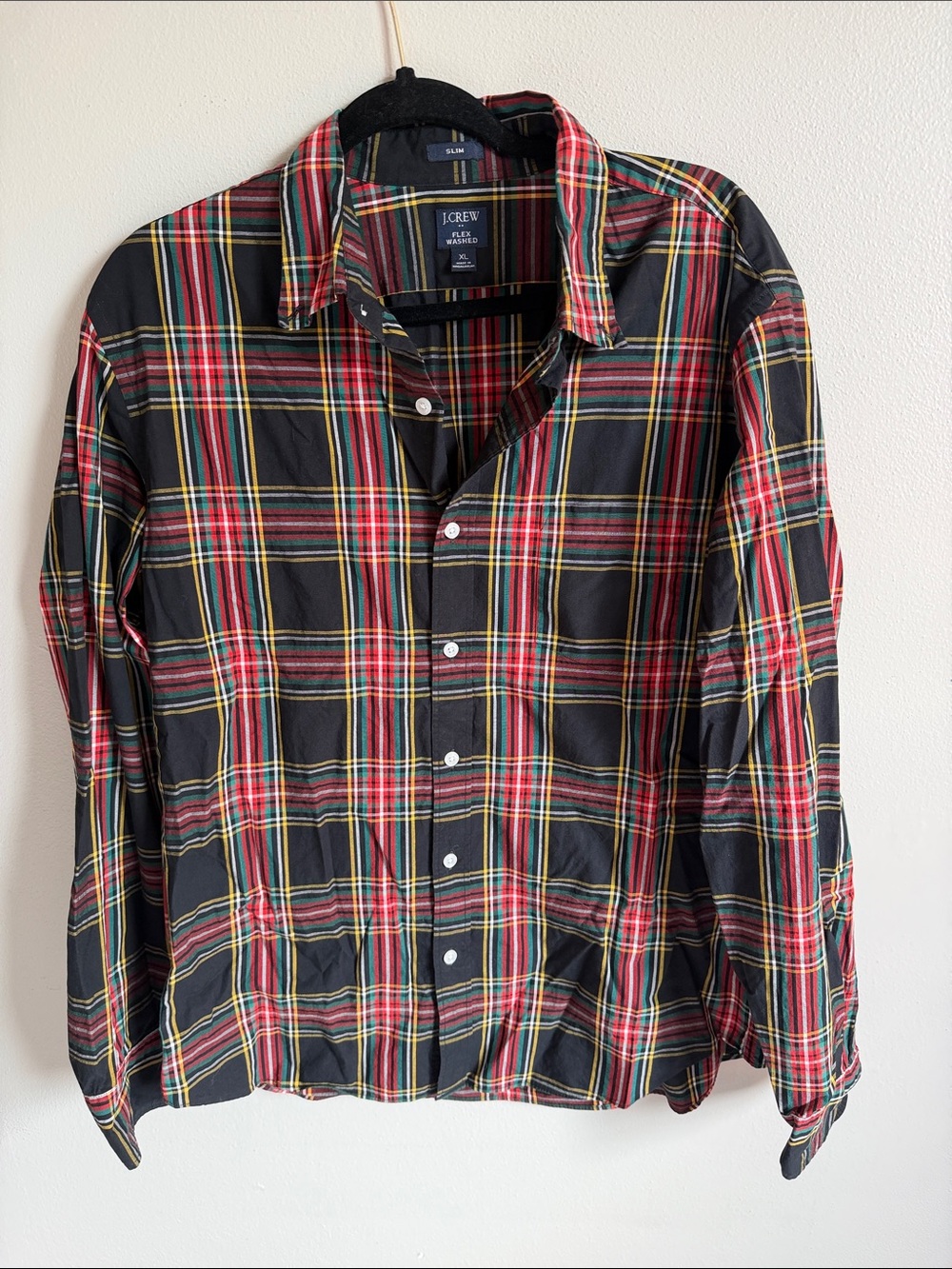 Men’s J. Crew Black Red Yellow Plaid Slim Button-Down Shirt Size XL